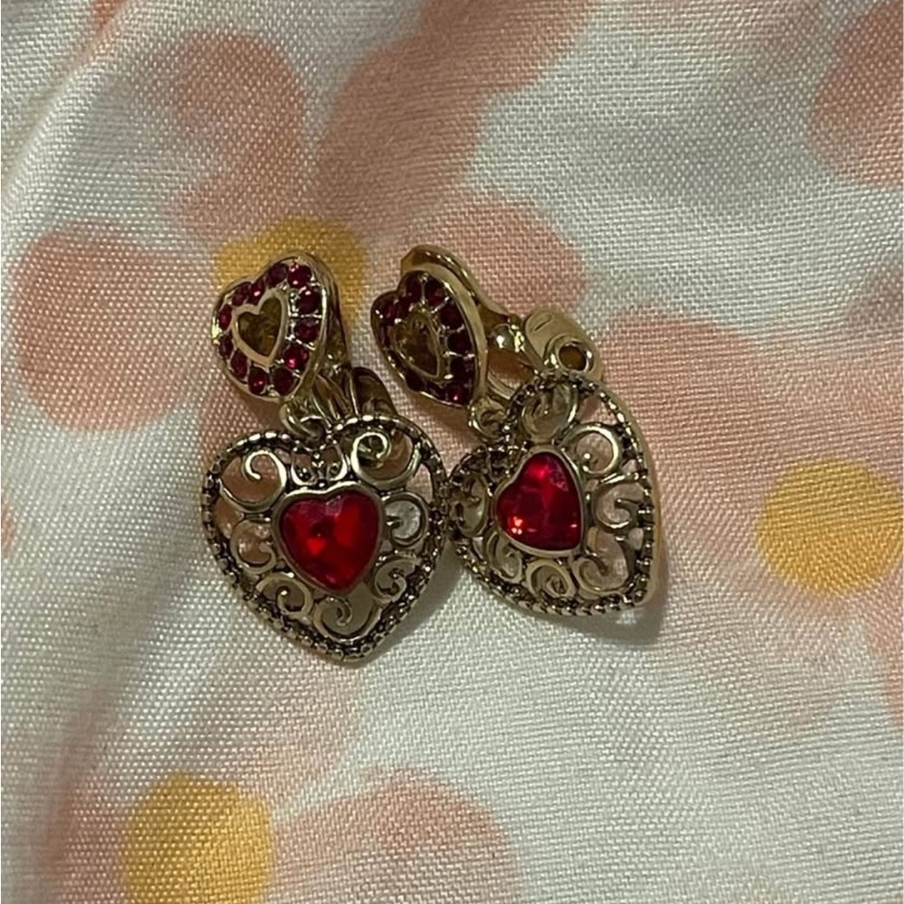 Napier Gold Red Heart clip-on Earrings Victorian Style